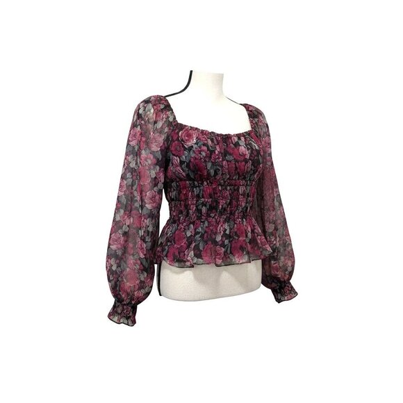 Lucy Paris Moody Floral Peplum Top Shirred Waist Ruffle Hem Balloon Sleeve Sz M - Picture 3 of 9